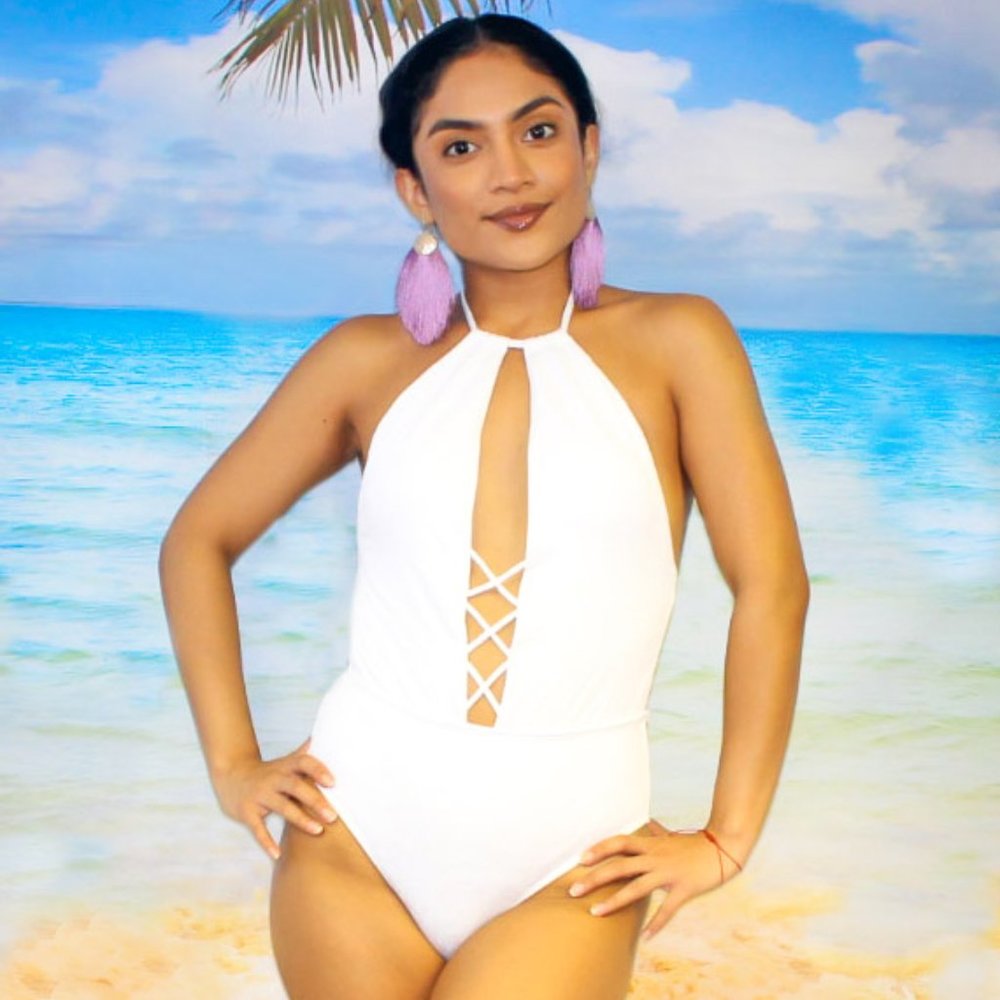 Floral Embossed Lace Up One Piece Swimsuit